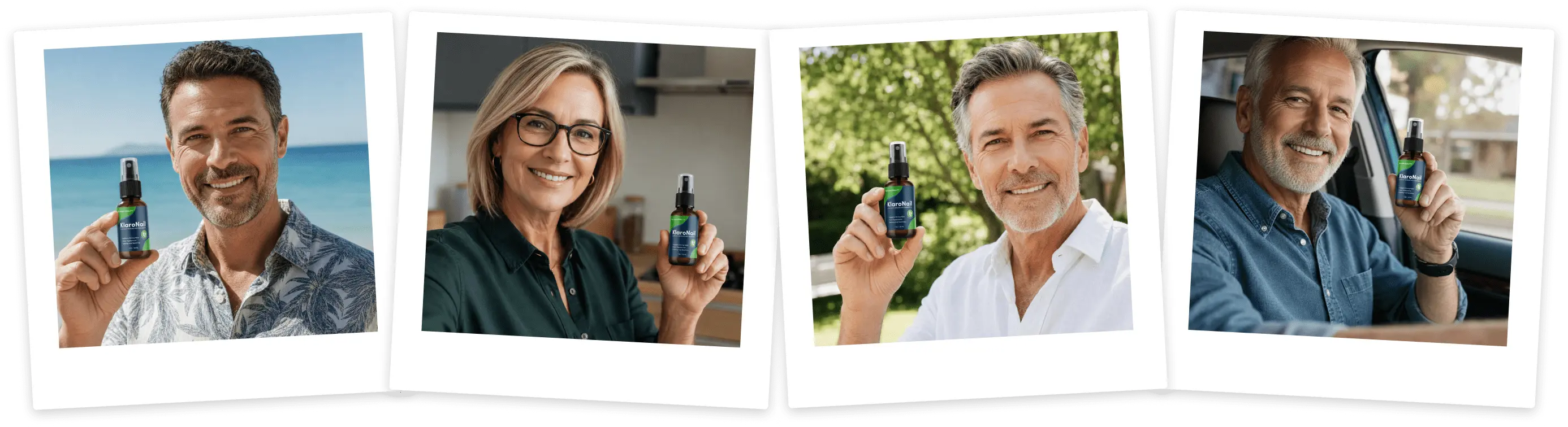 Four customers holding bottles of KlaroNail topical nail spray