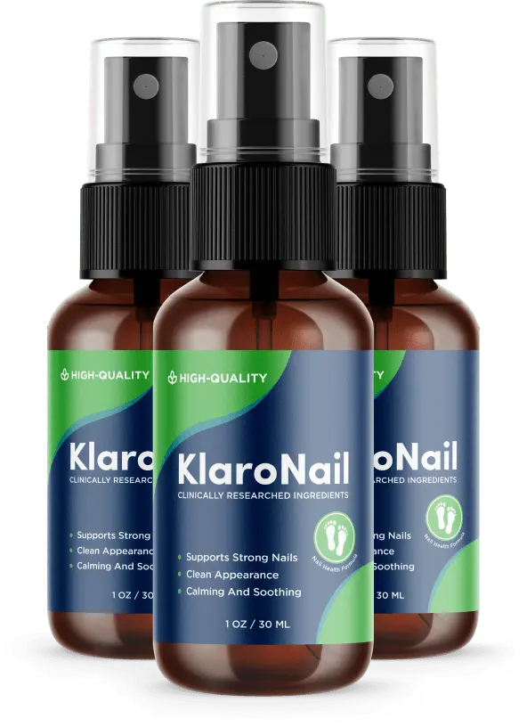 Three bottles of KlaroNail topical nail spray in the most popular bundle