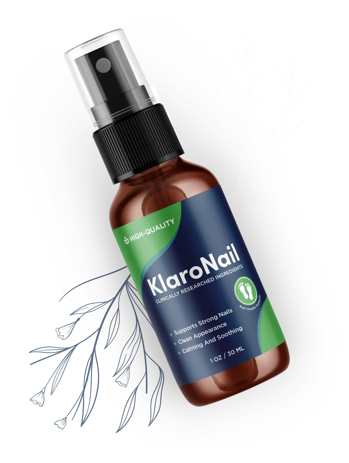 KlaroNail 1 oz topical nail spray bottle with pump applicator, navy and green label